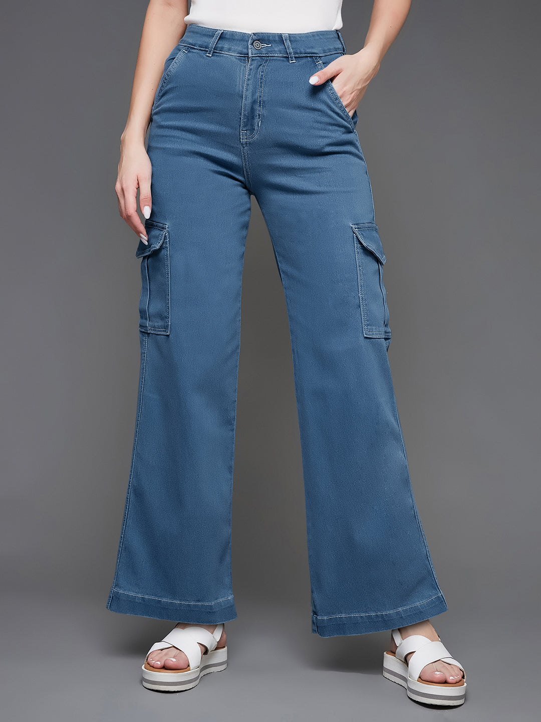 24/7 Comfort Blue Wide-Leg Cargo High-Rise Stretchable Denim Jeans