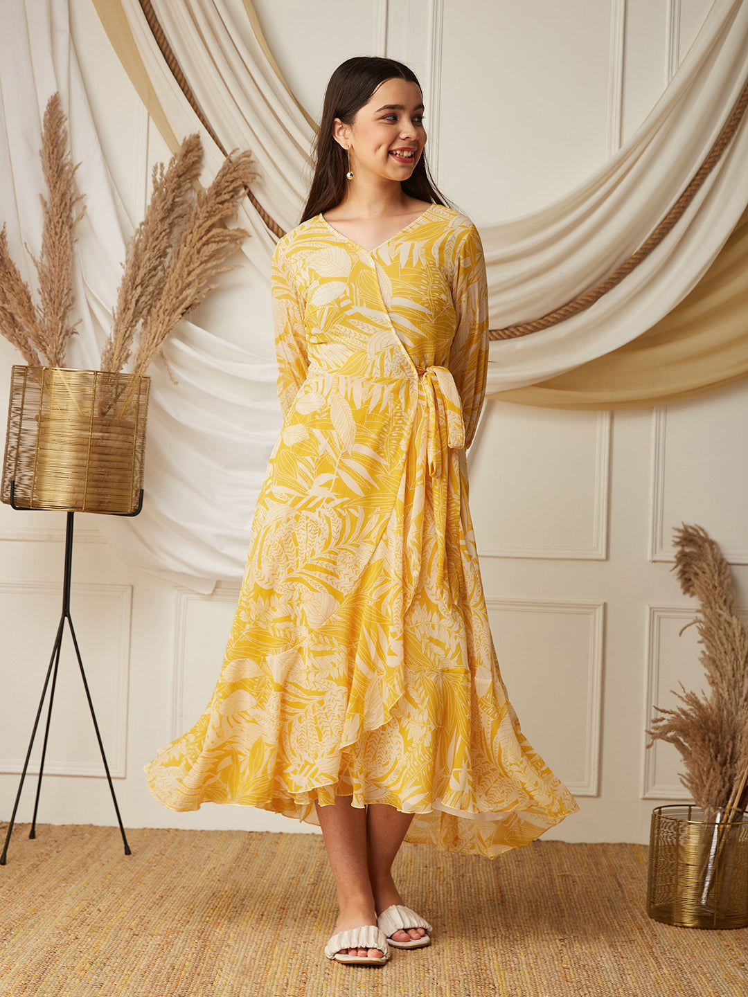 Yellow & White V neck Full sleeve Floral Layered Maxi Dress for Girls/