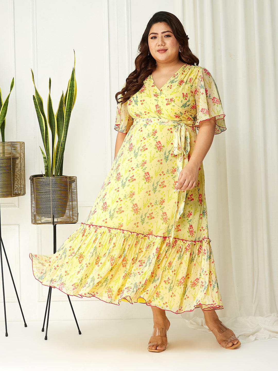 Body Bliss Multicolored-Base-Yellow Floral Wrap Maxi Dress