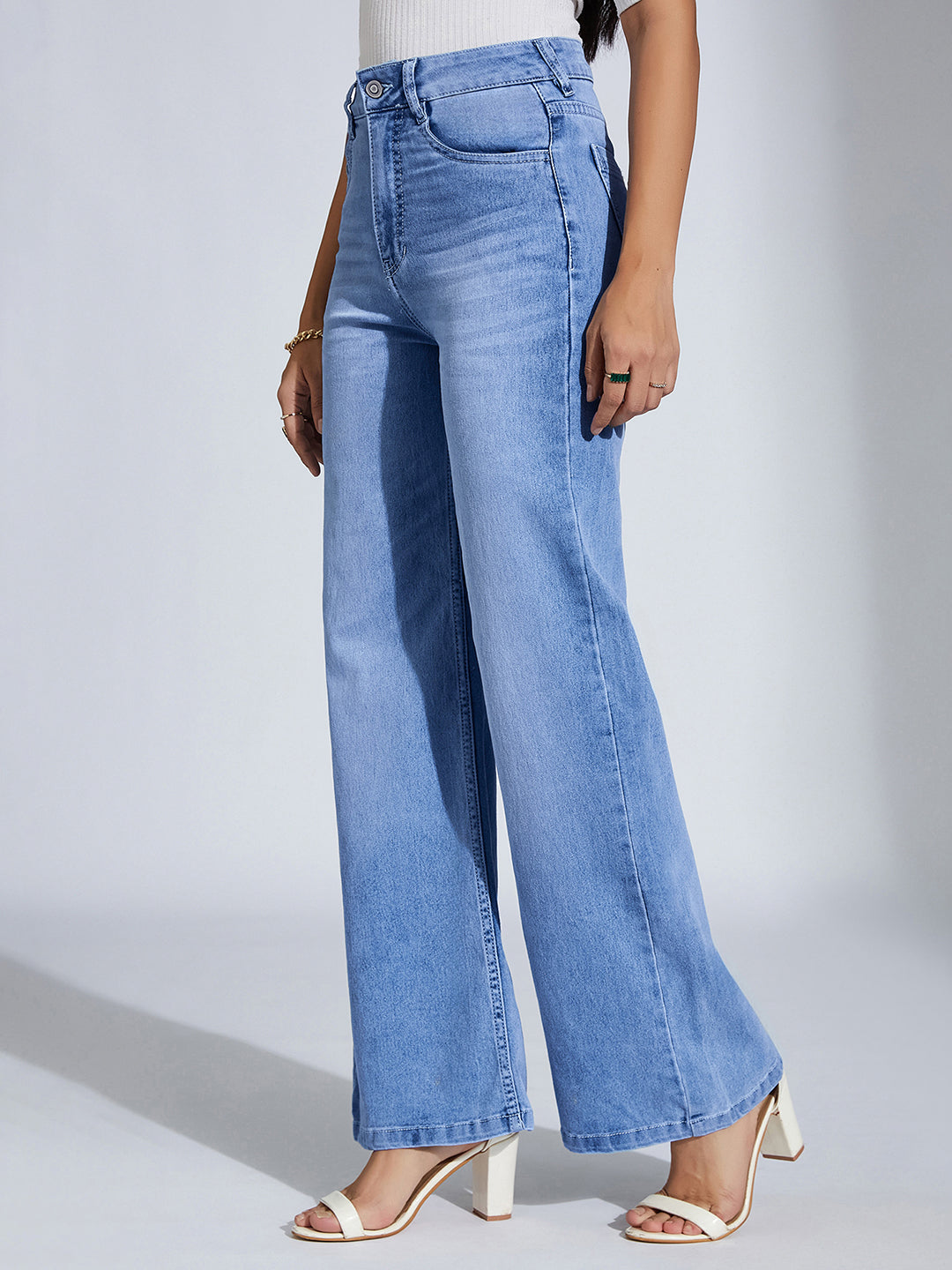 Tummy Smoothening Light-Shaping Wide-Leg High-Rise Light-Blue Denim Jeans