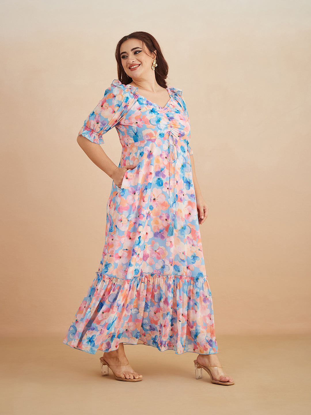 Multicolored-Base-Sky Blue V-Neck Puff Sleeve Floral Ruching Ankle-Length Dress for Women