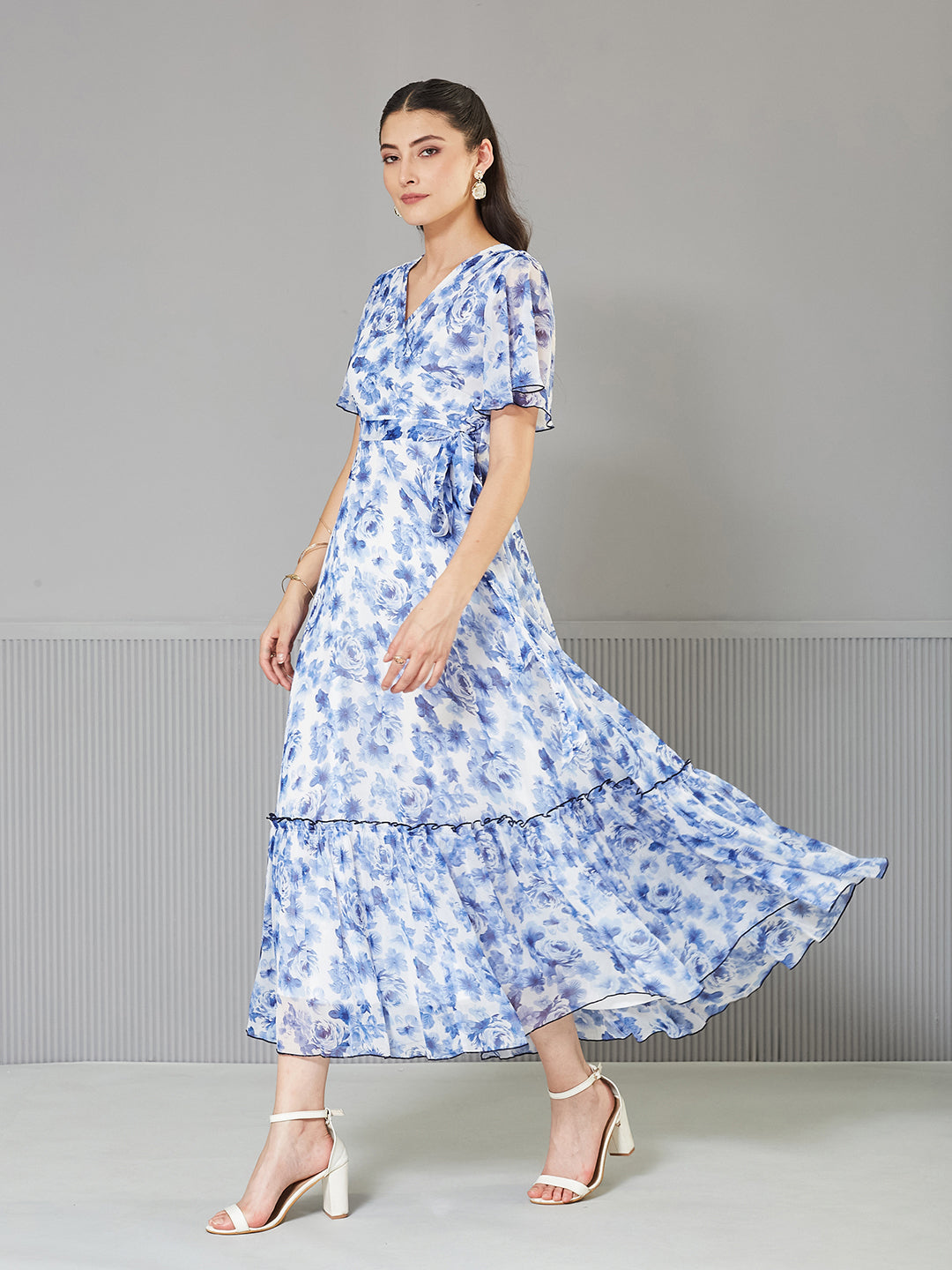 Women's Multicolored Floral Wrap Chiffon Maxi Dress with White Base & Flutter Sleeves