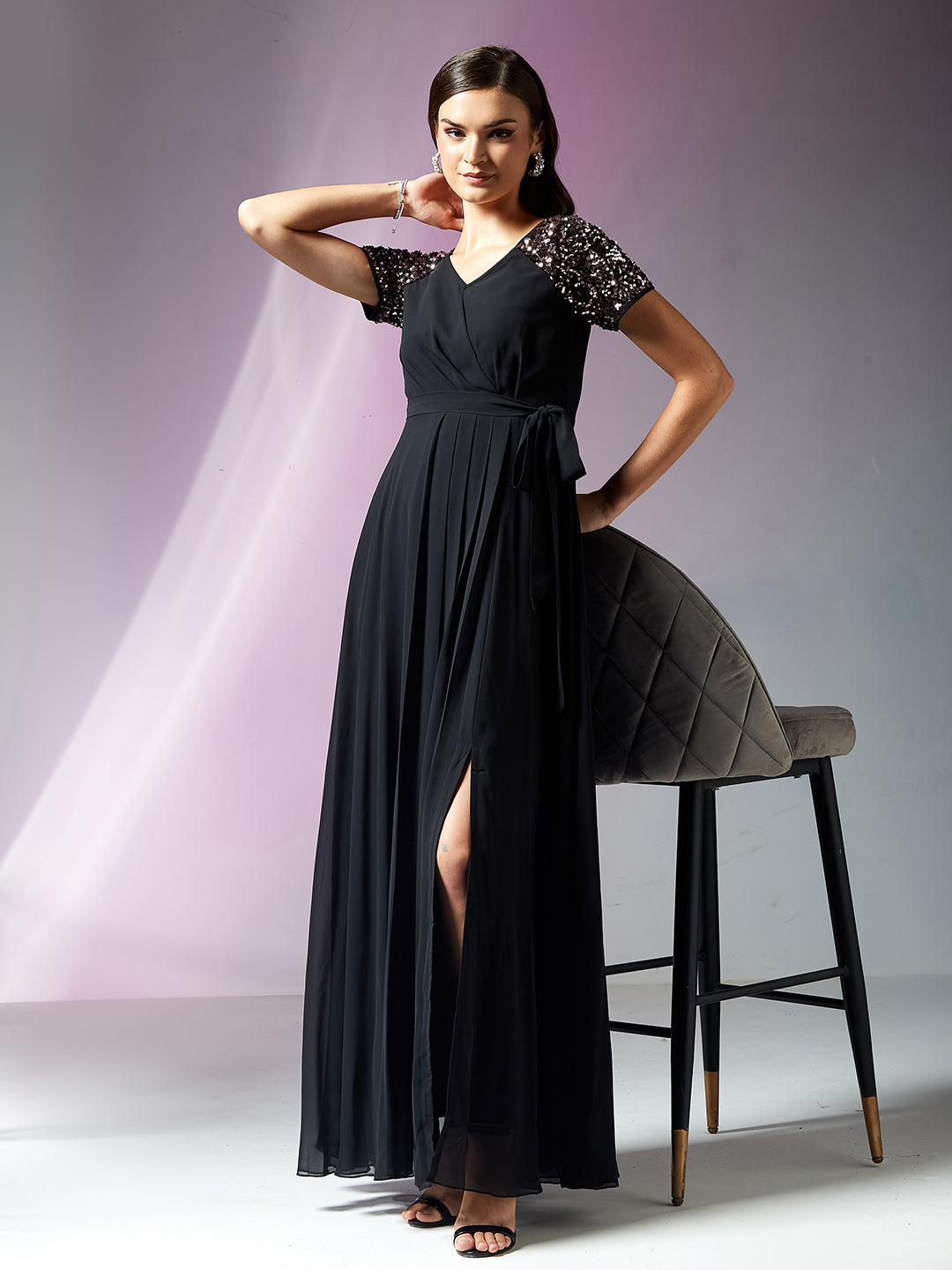 Black Half Sleeves Sequinned Fit and Flare Maxi Dress for Women