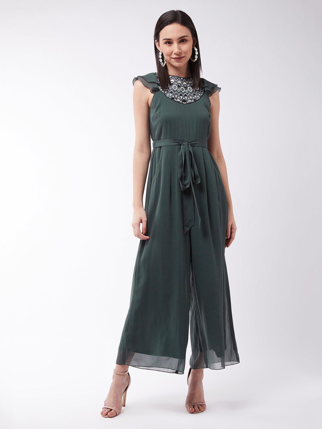 Women's Dark Green Round Neck Ruffled Sleeve Solid Embroidered Regular Jumpsuit
