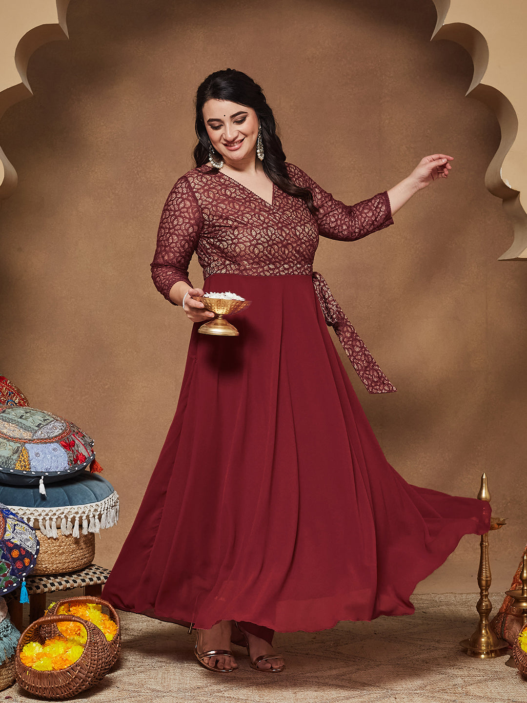 Maroon Floral Printed Relaxed Fit V-Neck 3/4Th Sleeve Georgette Maxi Dress for Women