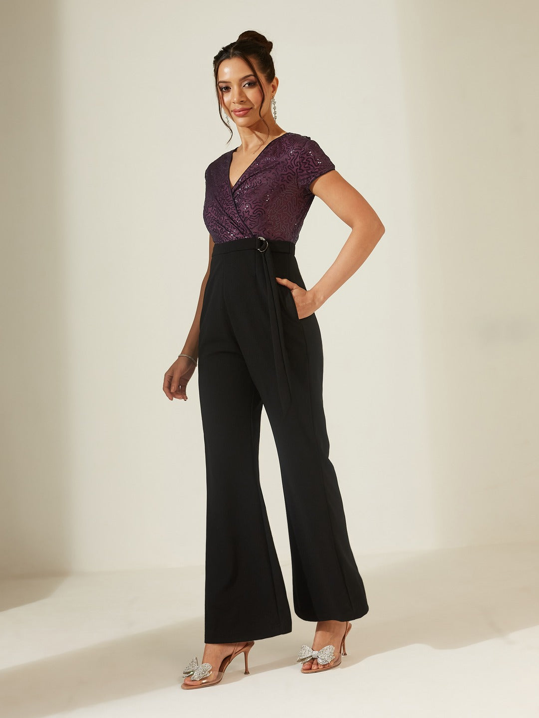 Black V-Neck Short Sleeve Embellished Wrap Regular-Length Polyester Jumpsuit for Women