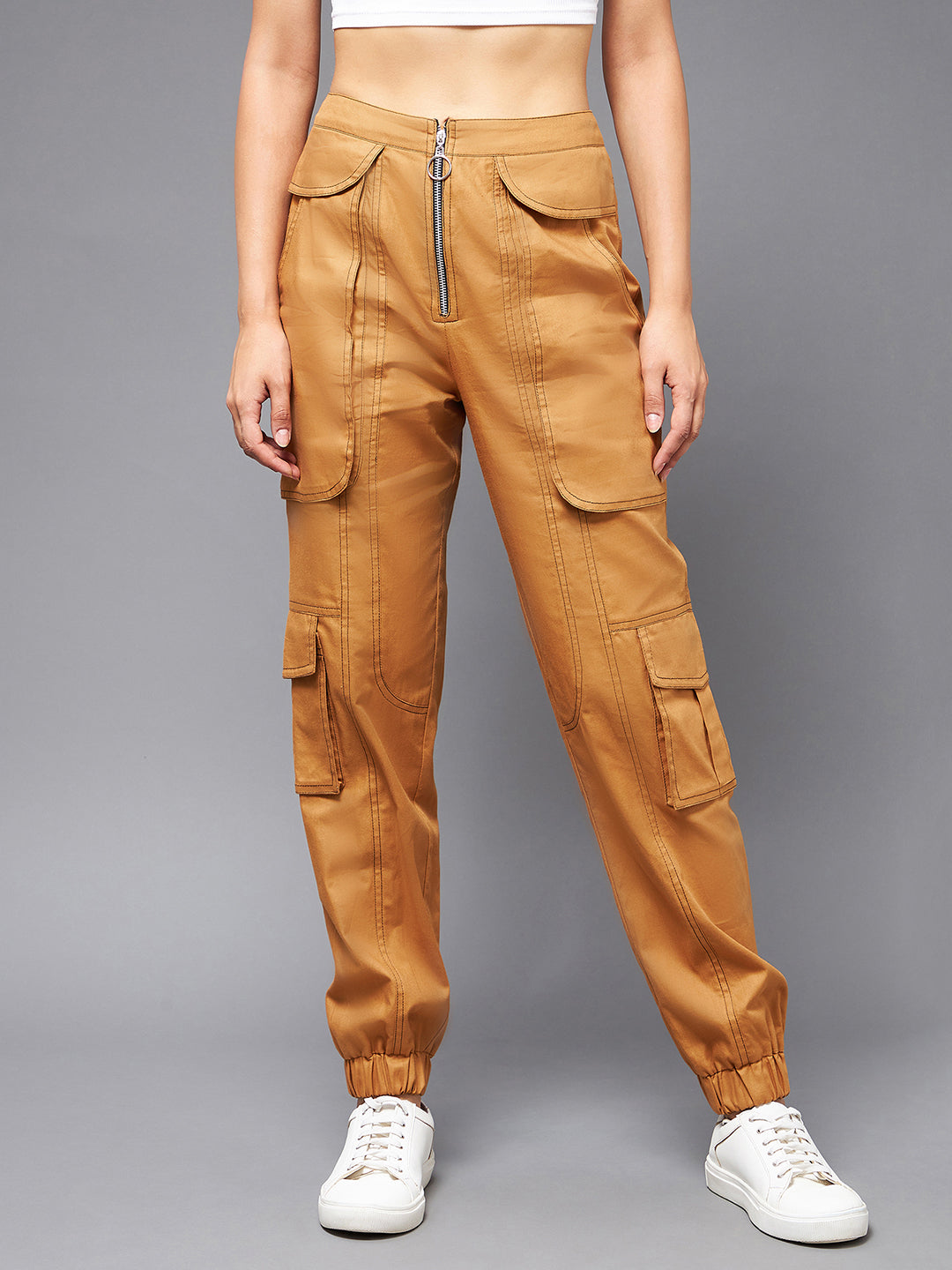 Women's Tan Cotton Solid Paneled Regular Joggers