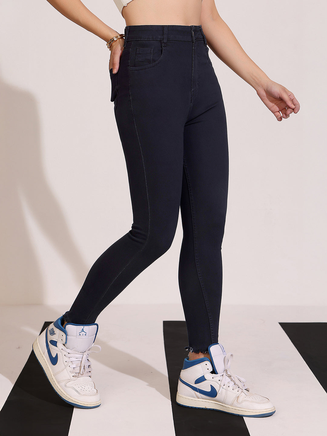 Women's Black Skinny Fringed Detailing High Rise Clean Look Solid Crop