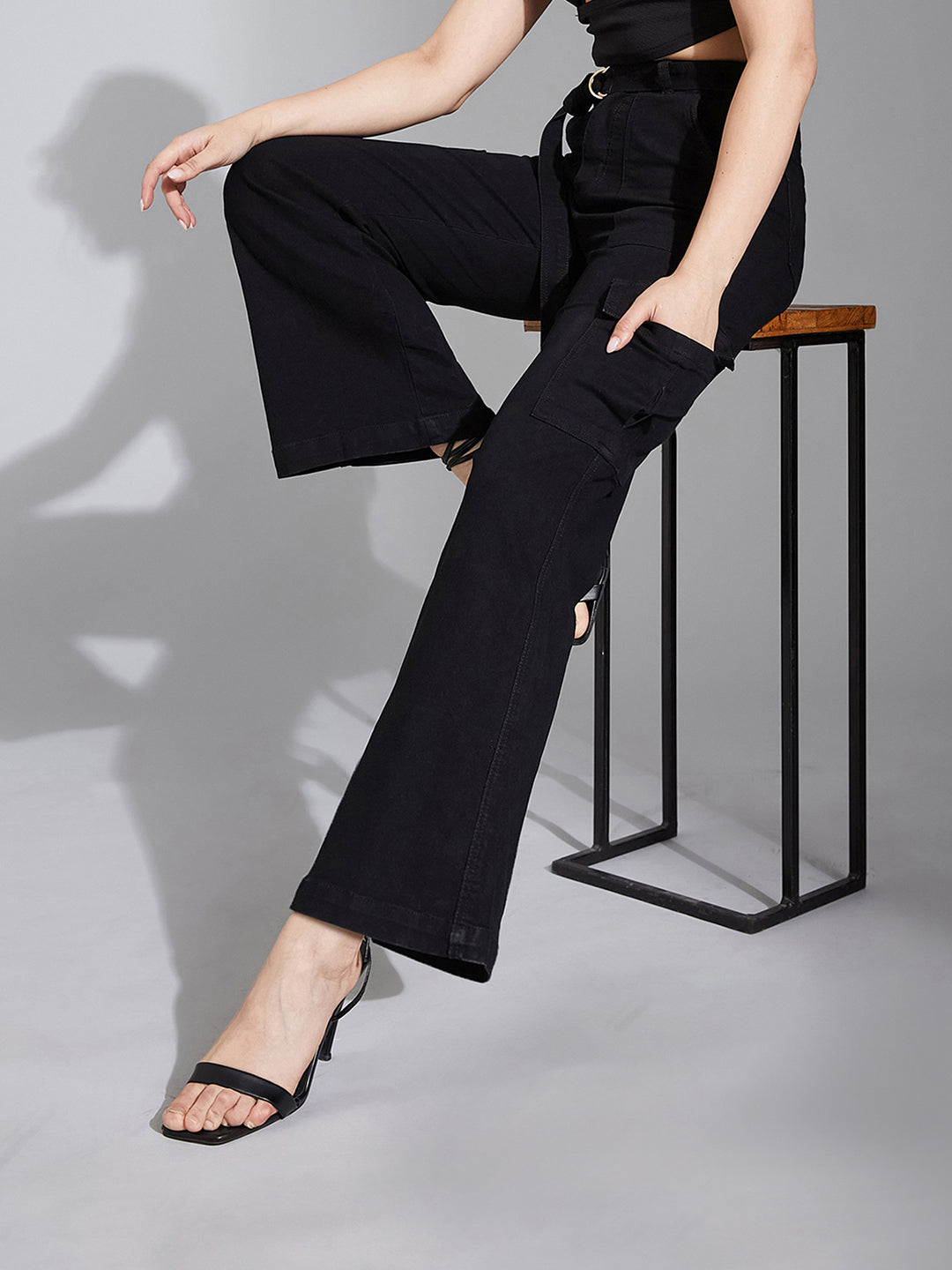 Women's Black Wide-Leg High-Rise Clean-Look Regular Stretchable Denim Jeans