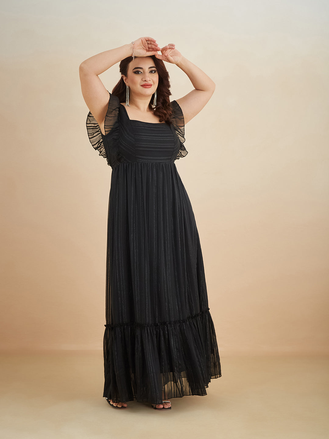 Black Square Neck Layered Ruffles Sleeve Striped Tiered Maxi Georgette Dress for Women