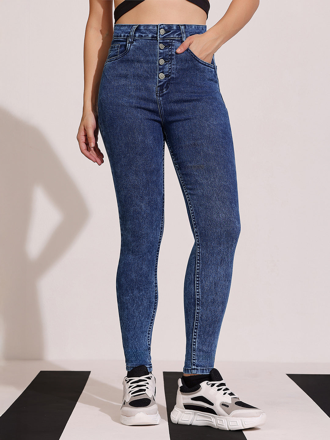Women's Blue Skinny-Fit High-Rise Clean-Look Regular-Length Stretchable Denim Jeans