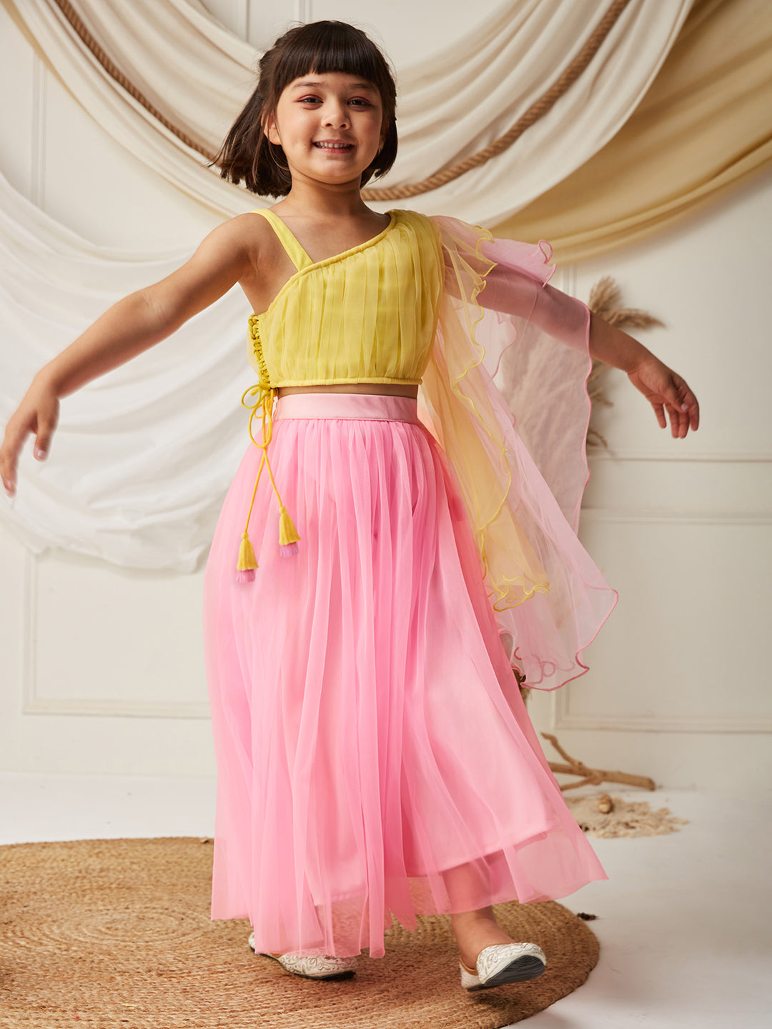 Yellow & Pink One Shoulder Ruffled Solid Tie-Up Midi Dress