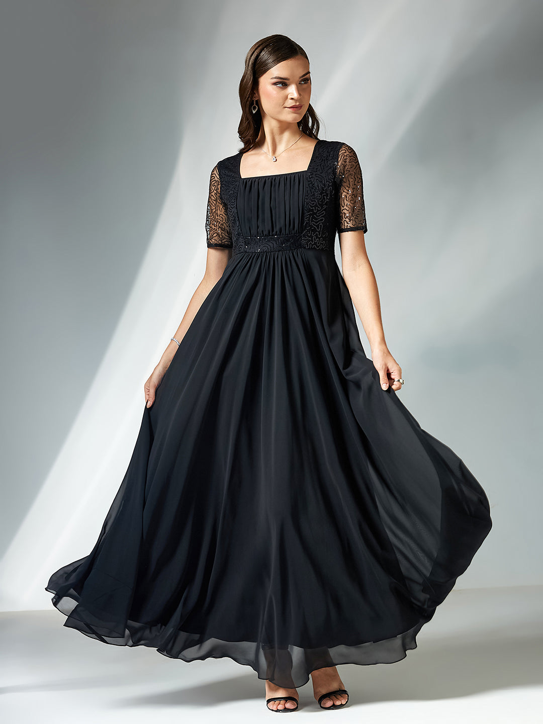 Black Square Neck Half Sleeve Solid Embellished Maxi Dress for Women