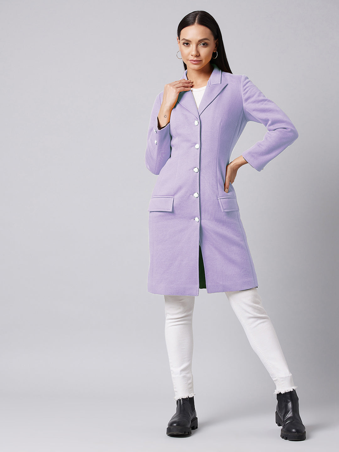 Women's Lavender Notch Collar Full sleeve Solid Paneled Knee length Jacket