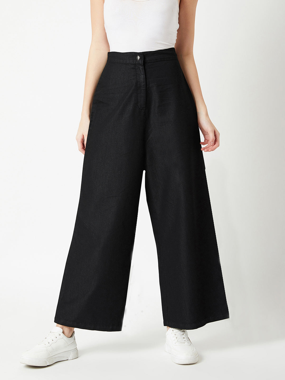 Women's Black Wide-Leg High-Rise Light Weight Clean-Look Regular Length Denim Pants