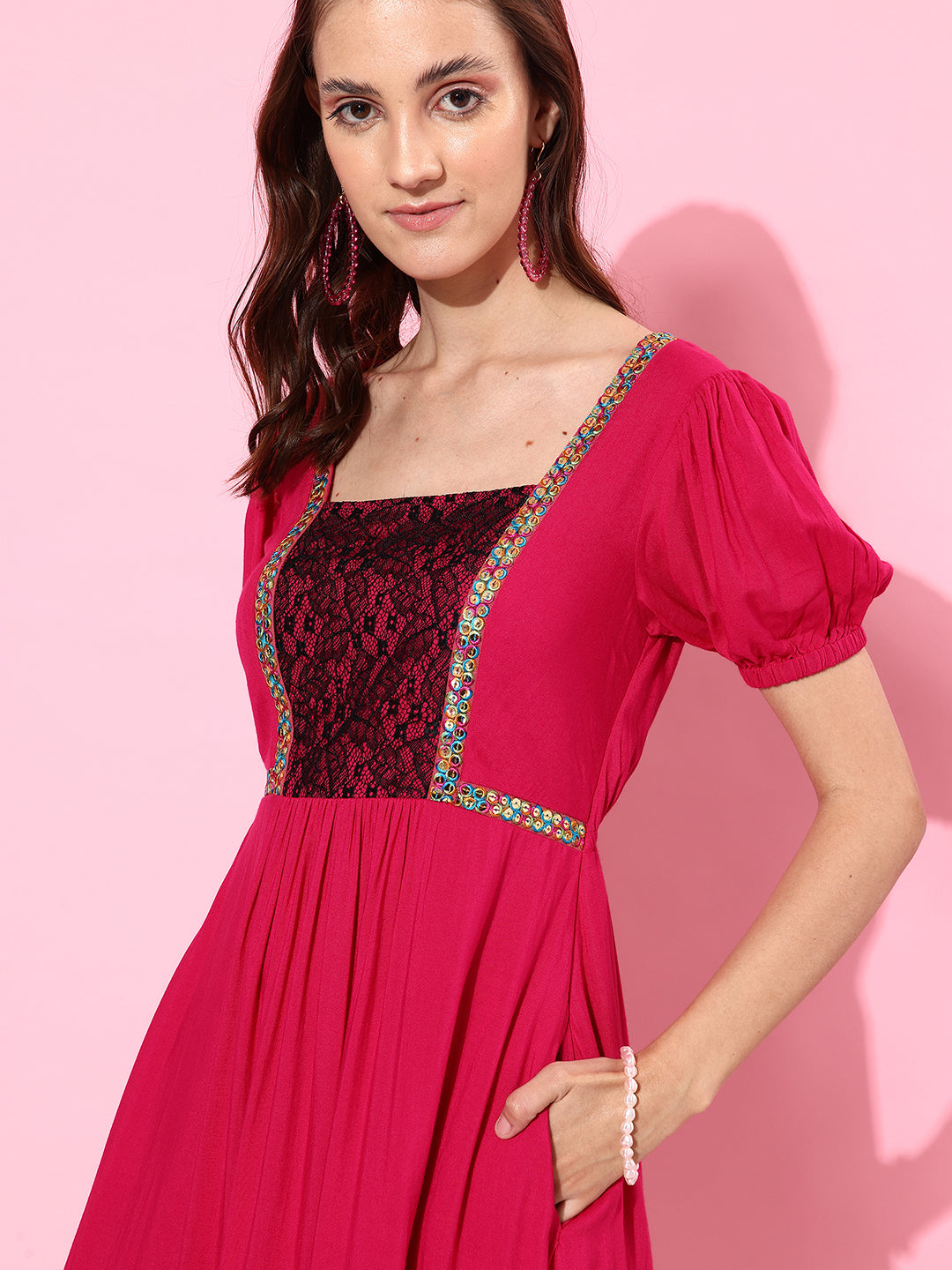 Women's Dark Pink Square Puff Sleeve Viscose Rayon Embroidered Lace Overlaid Knee-Long Dress
