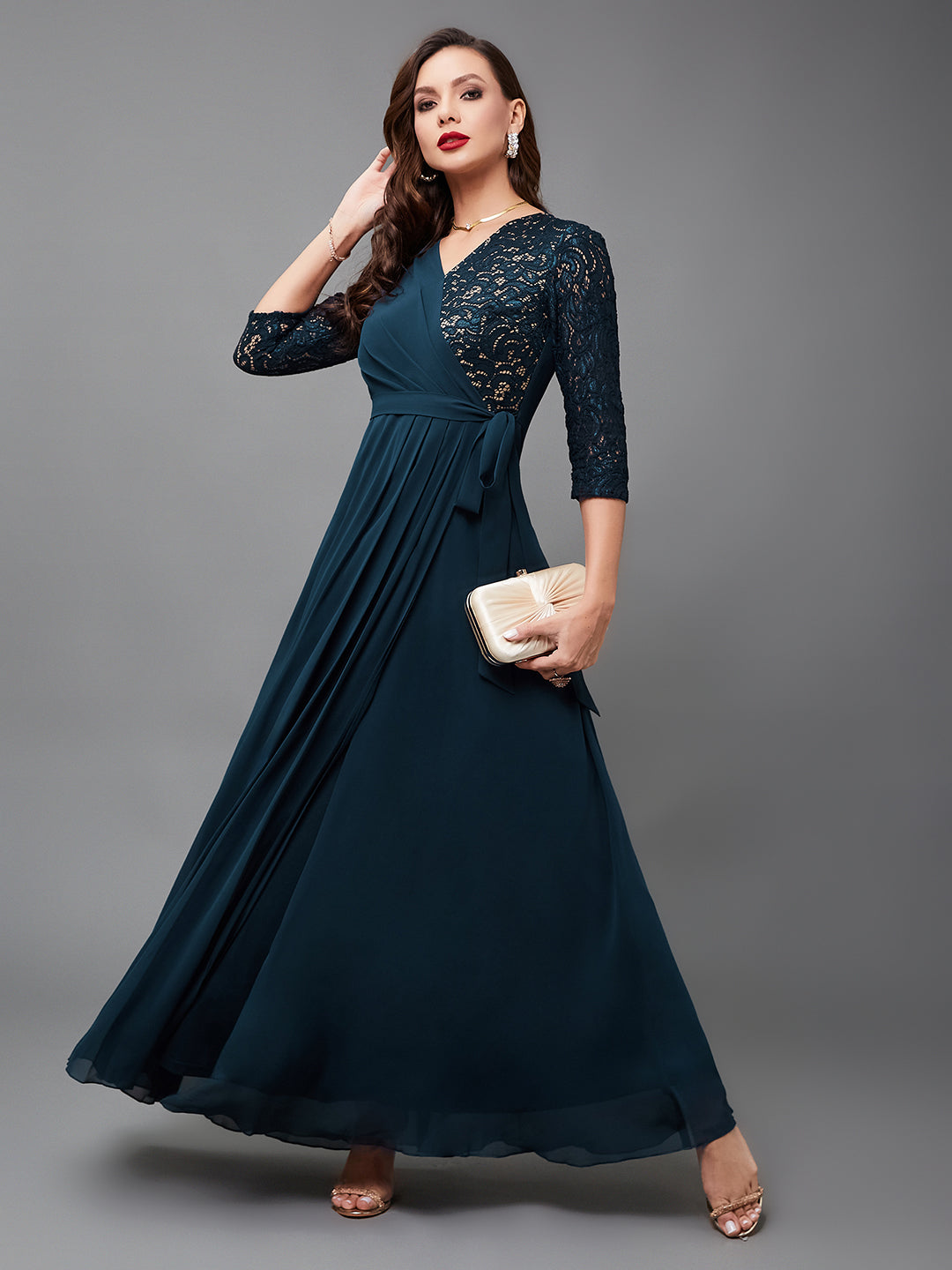 Women's Teal V-Neck 3/4 Sleeve Self-Designed Wrap-Styled Georgette Maxi Dress