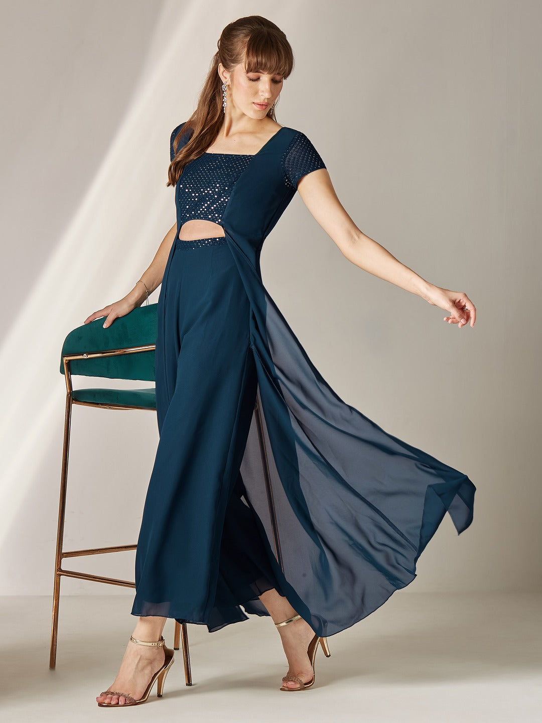 Teal Embellished Square Neck Short Sleeve Georgette Cut Out Relaxed Fit Regular Jumpsuit for Women
