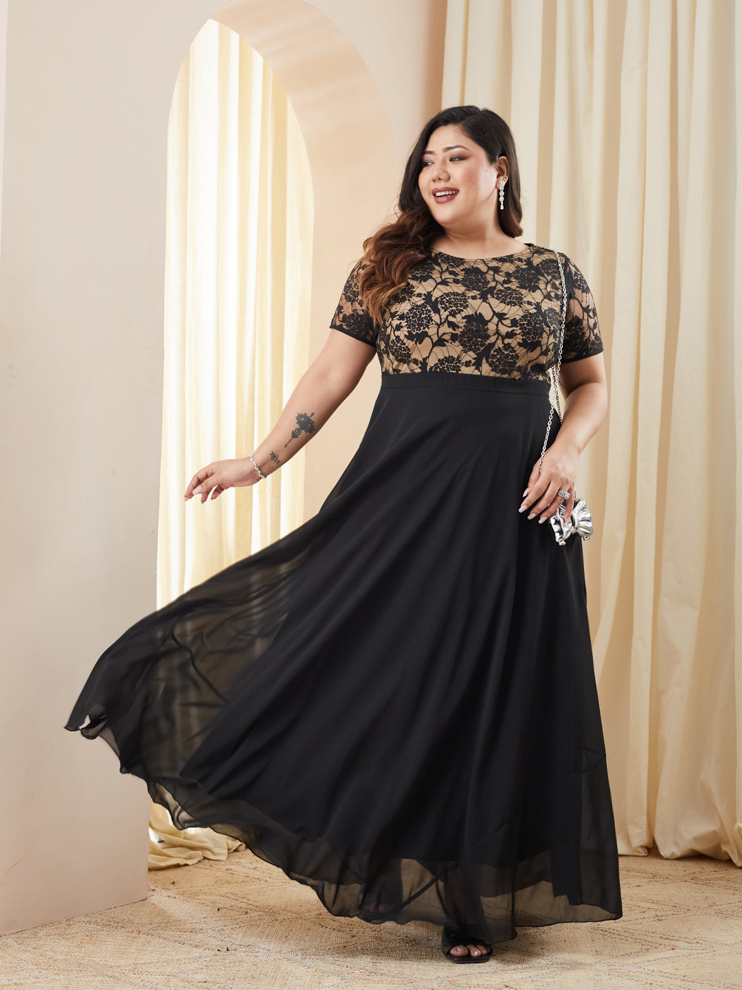 Black Round Neck Half Sleeve Self Design Fit & Flare Georgette Maxi Dress  for Women