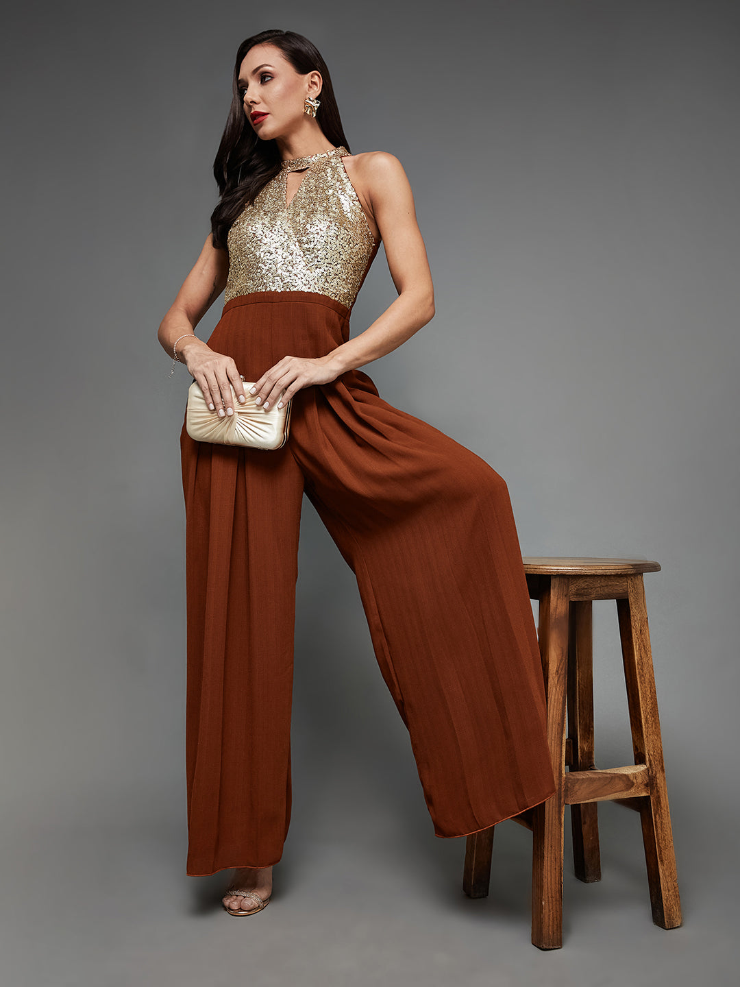 Women's Rust Halter-Neck Sleeveless Gold Sequined Pleated Crepe Party Jumpsuit