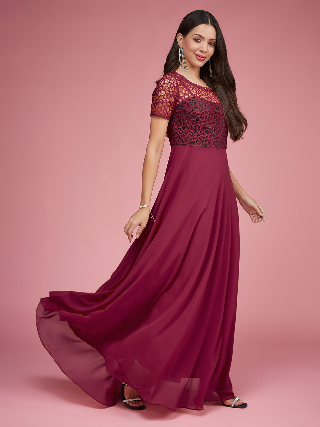 Dark Pink Short Sleeves Lace Fit and Flare Maxi Dress Long Dress Frock for Women