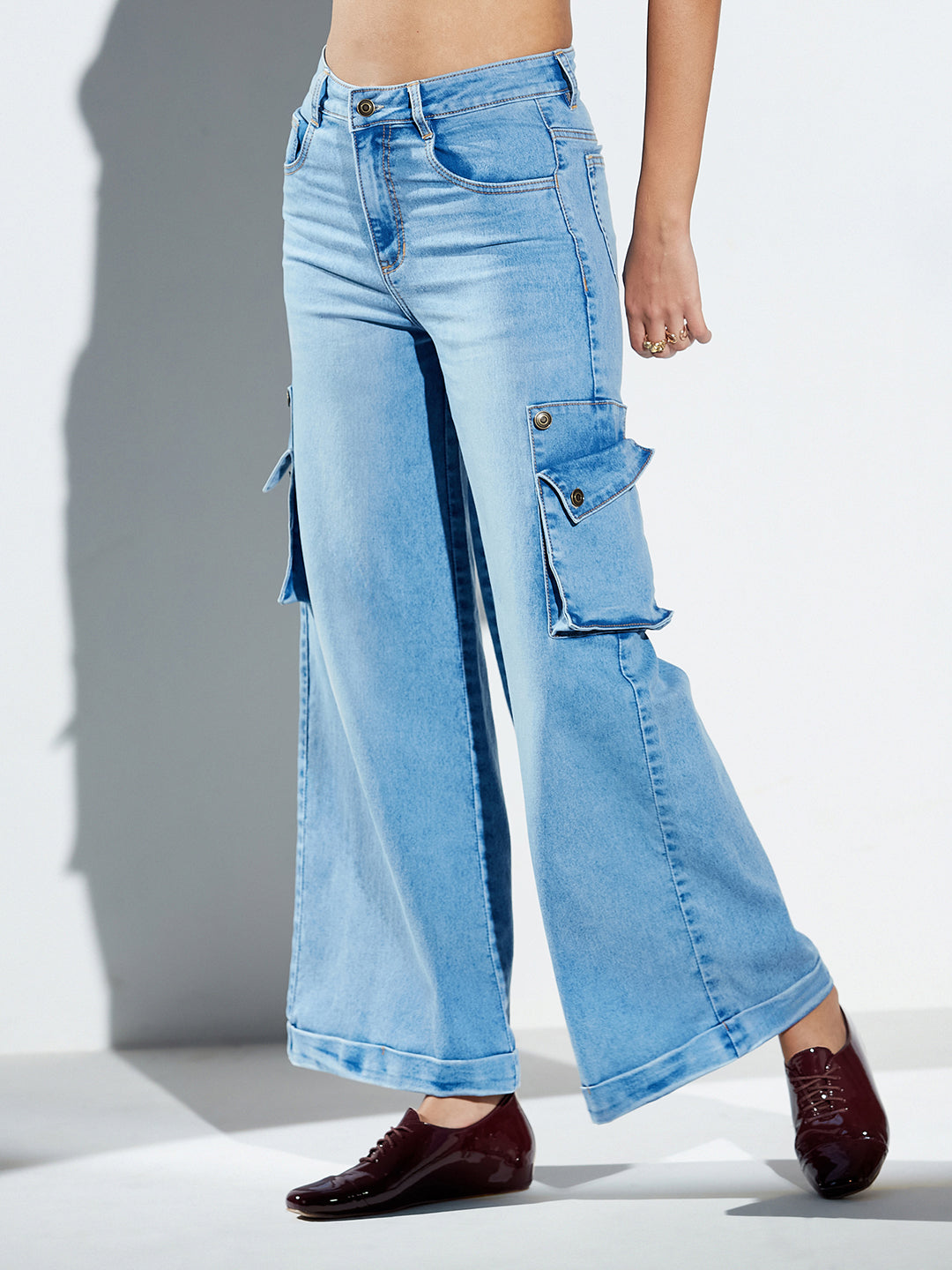 Blue Wide-Leg High-Rise Stretchable Denim Jeans for Women