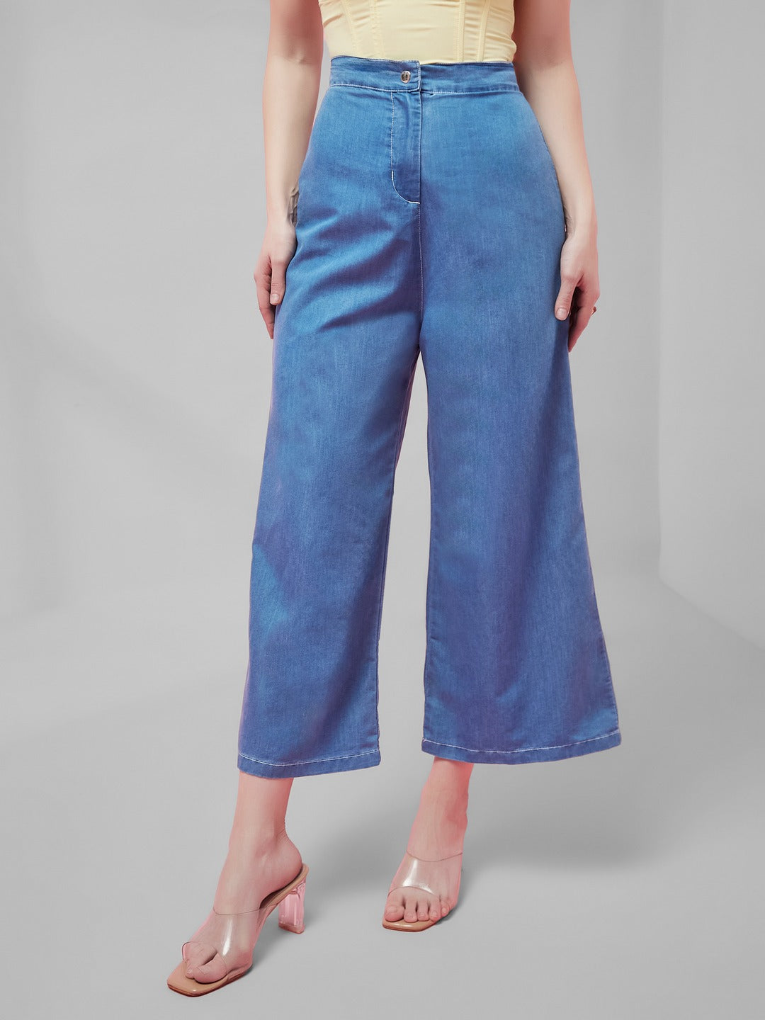 Blue Flared Wide-Leg high-rise Non Stretchable Light Weight Denim Pants for Women