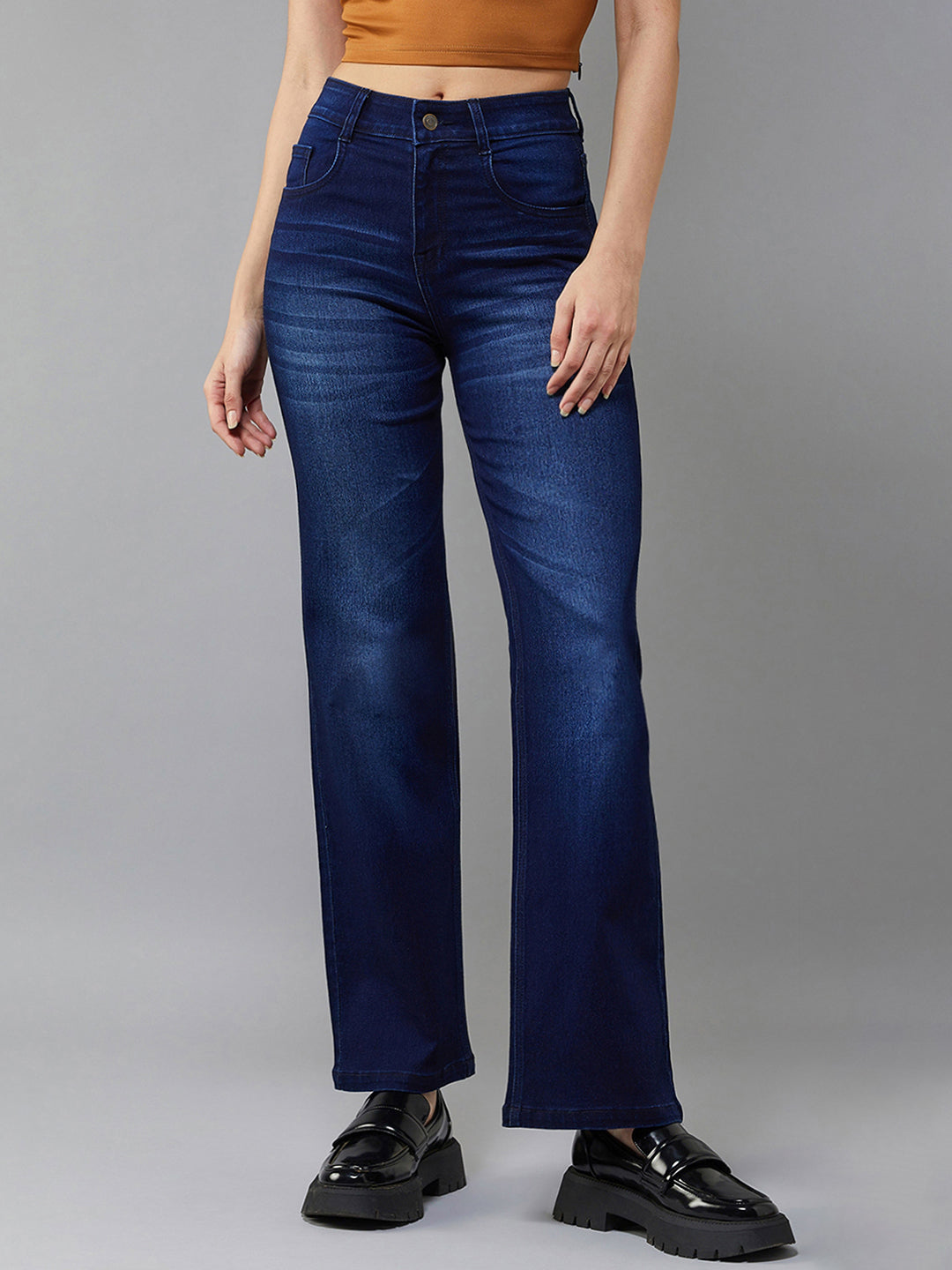 24/7 Comfort Navy-Blue Wide-Leg Mid-Rise Stretchable Denim Jeans