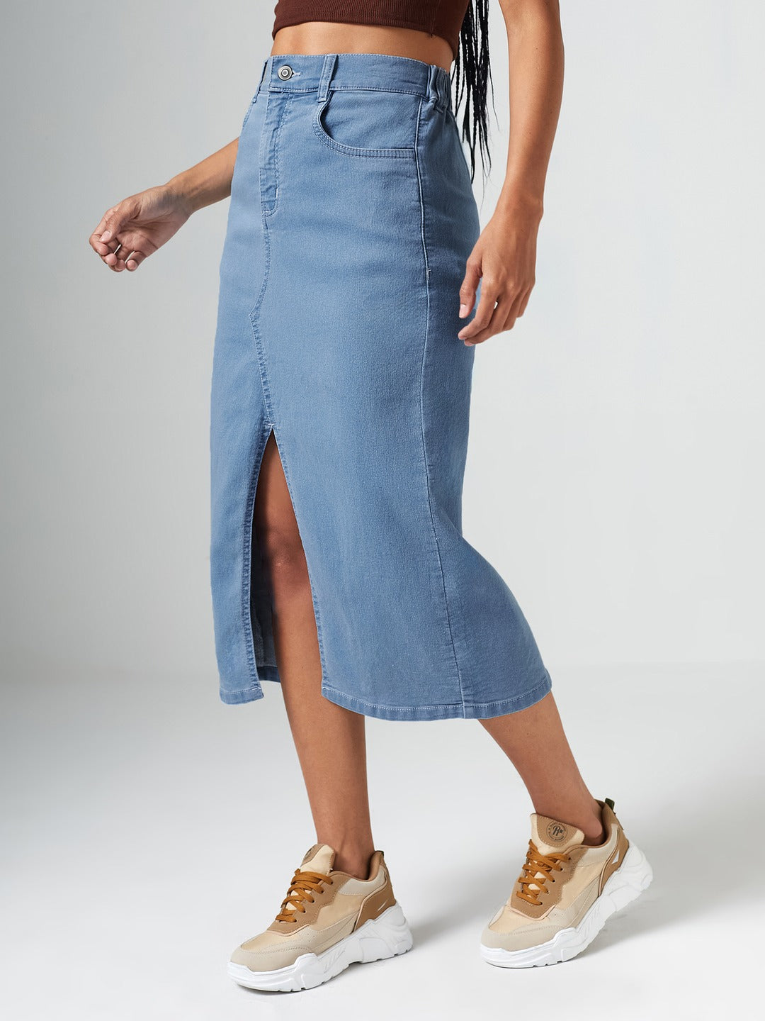 Light Blue Straight Fit High Rise Clean Look Stretchable Denim Midi Skirt for Women