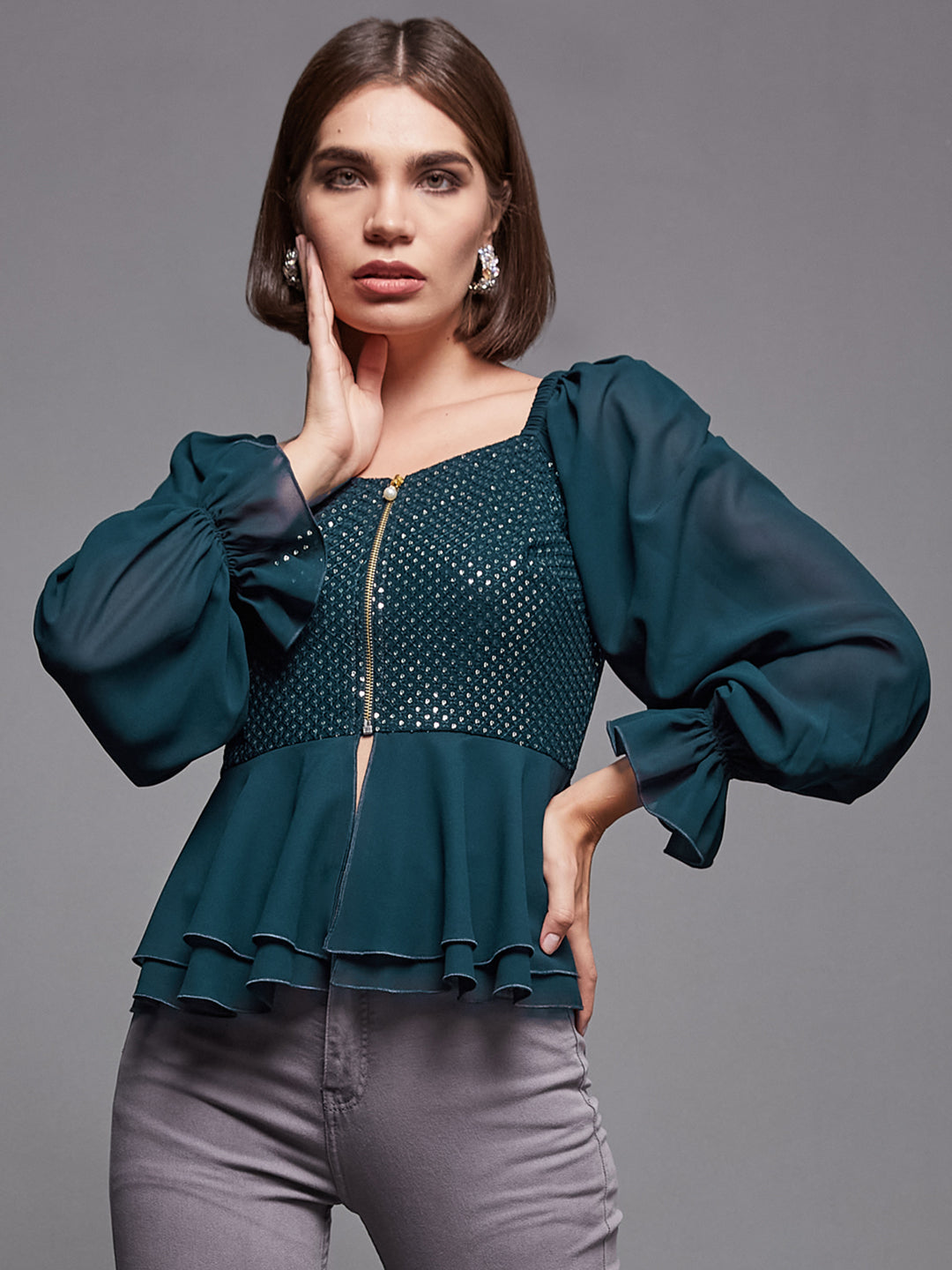 Women's Teal Sweet Heart Neck Full Sleeve Sequined Georgette Party Top