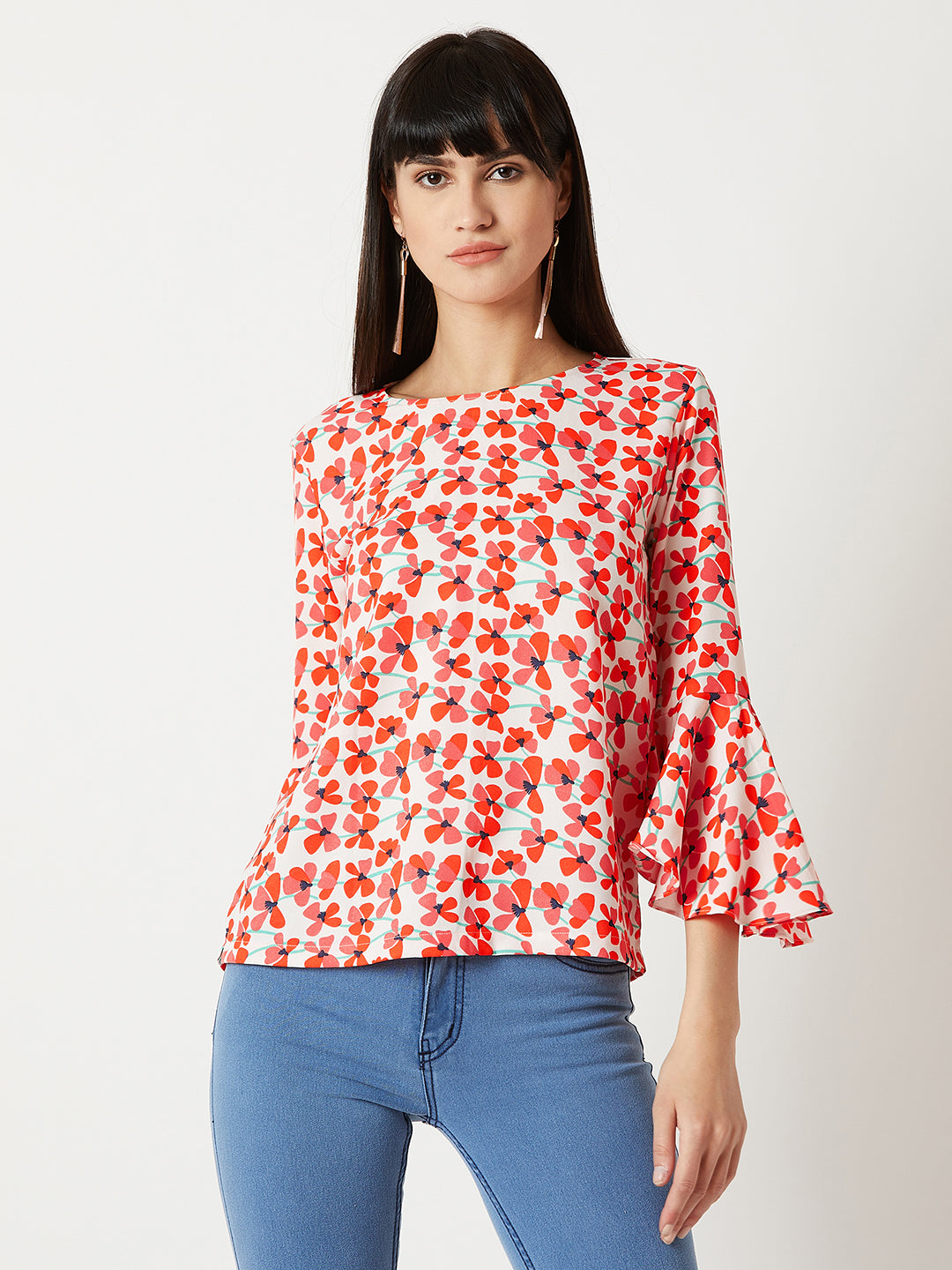 Women's Multicolored With A White Base Round Neck 3/4 Sleeve Ruffled Floral Top