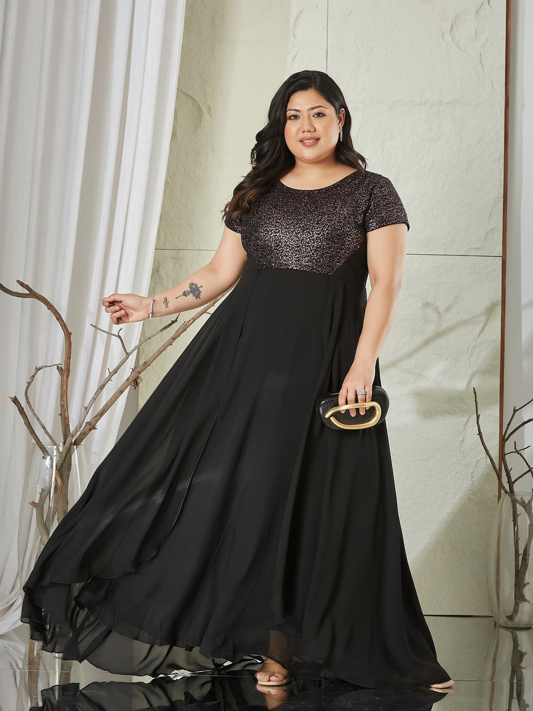 Black Round Neck Short Sleeve Embellished Fit & Flare Maxi Georgette Dress for Women