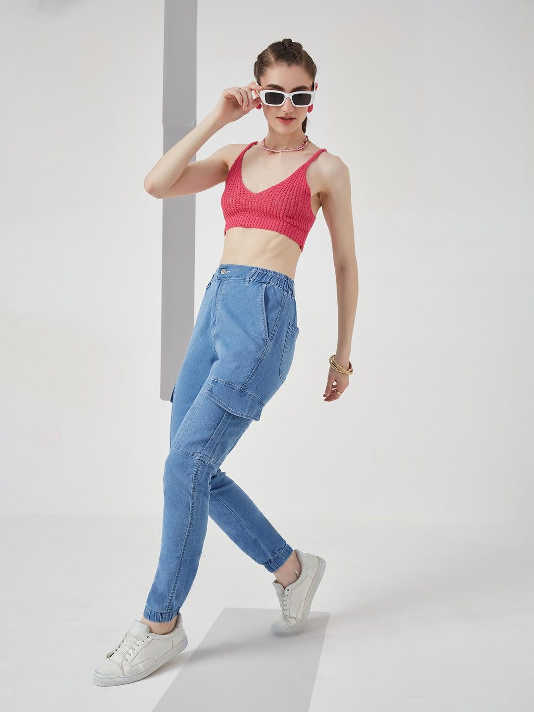 Light Blue Regular high-rise Regular Stretchable Light Weight Denim joggers for Women