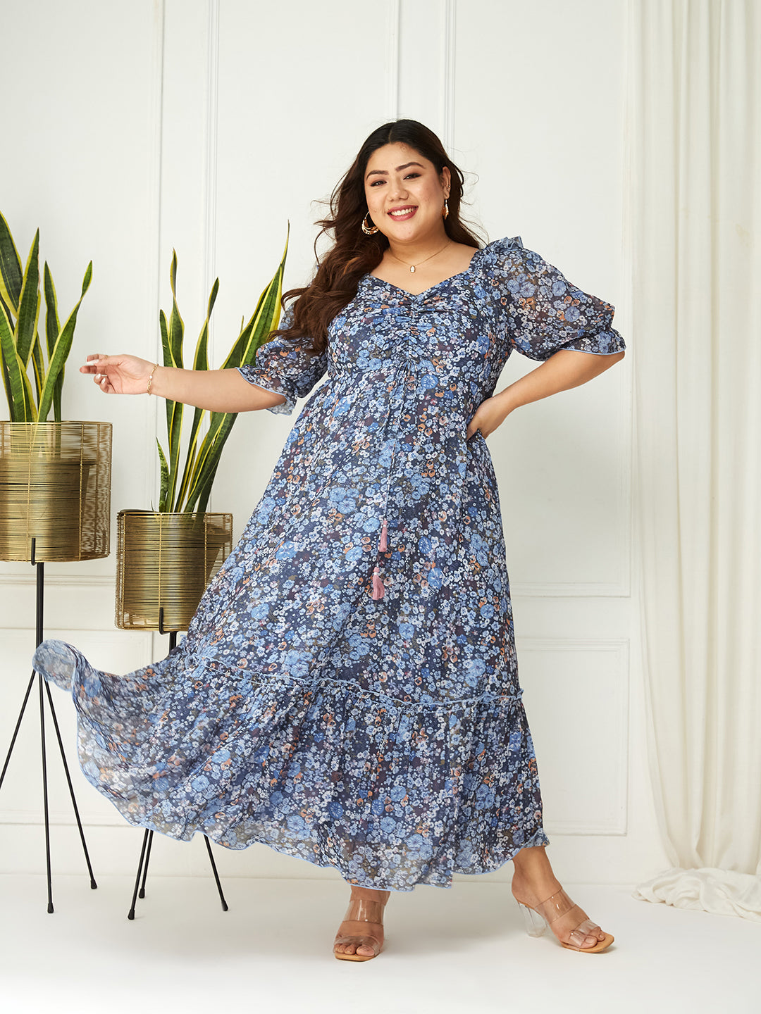 Body Bliss Multicolored-Base-Navy Blue Floral Ruching Ankle-Length Dress