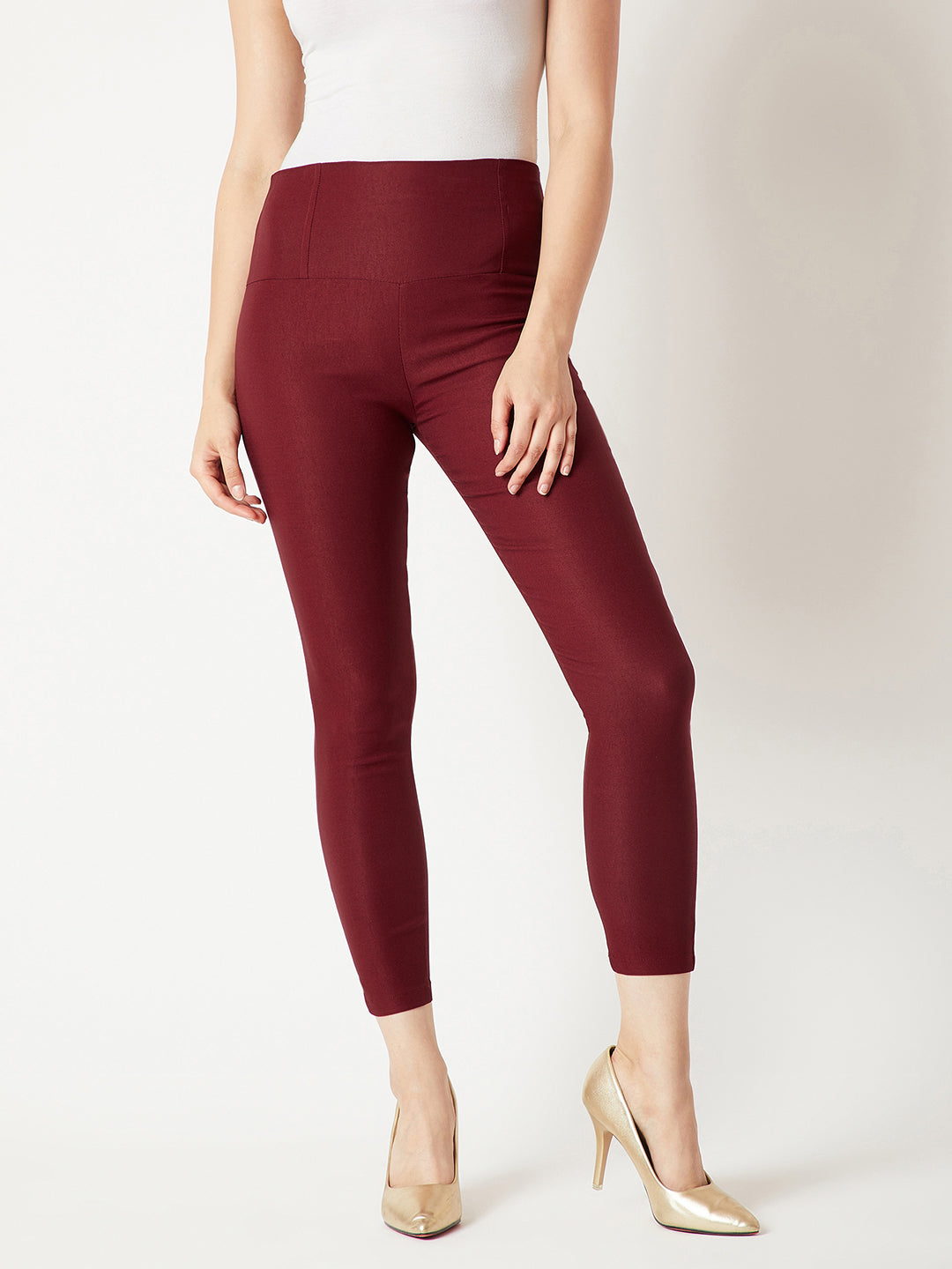 Women's Maroon Solid Skinny High Waist Regular Length Slim Fit Jeggings