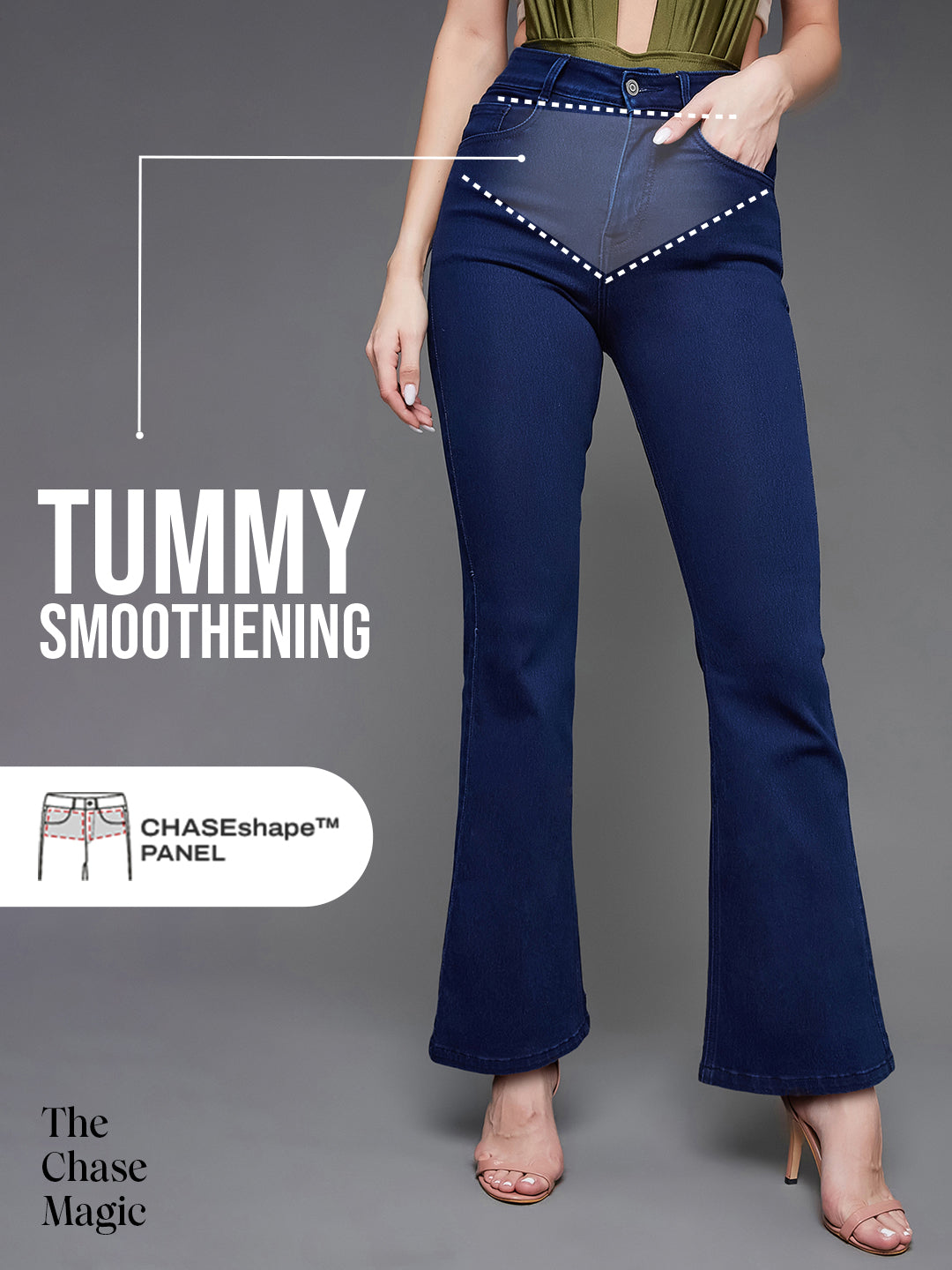 Tummy Smoothening Light-Shaping Bootcut High-Rise Navy Blue Denim Jeans