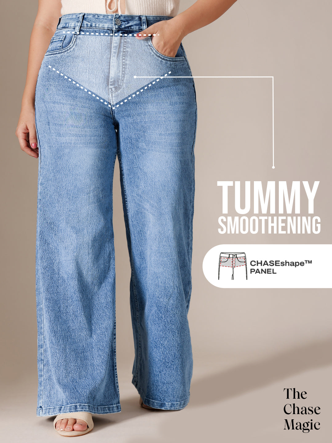 Tummy Smoothening Light-Shaping Wide-Leg High Rise Light Blue Stretchable Jeans for Women