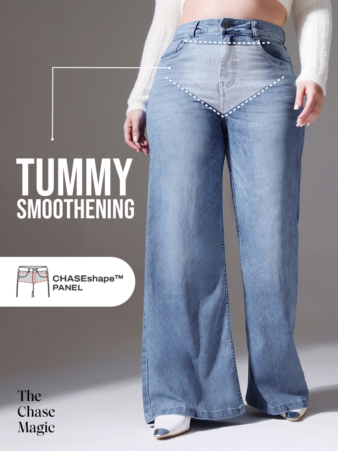 Tummy Smoothening Light-Shaping Wide-Leg High-Rise Light-Blue Denim Jeans