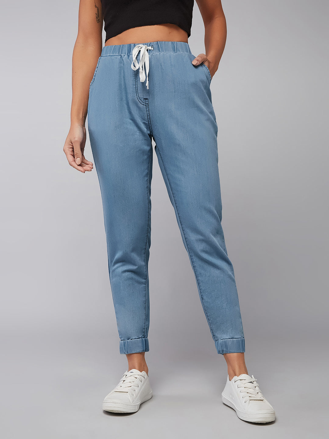 Blue Mid-Rise Non-Stretchable Denim Joggers for Women