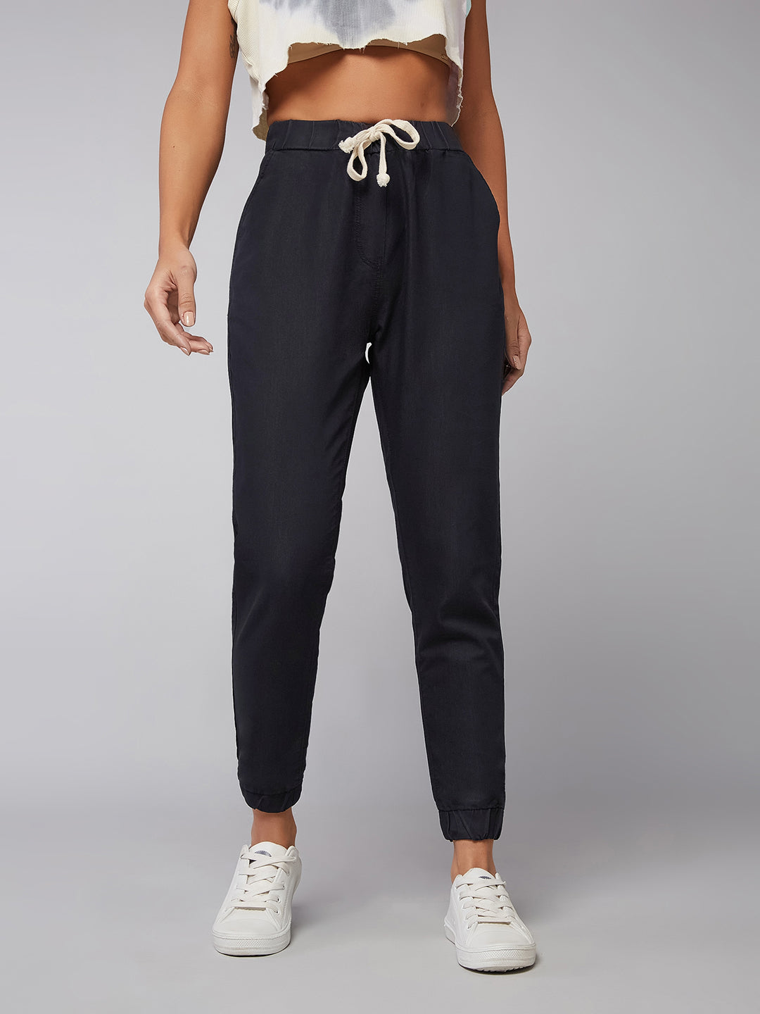 Black Mid-Rise Denim Joggers for Women