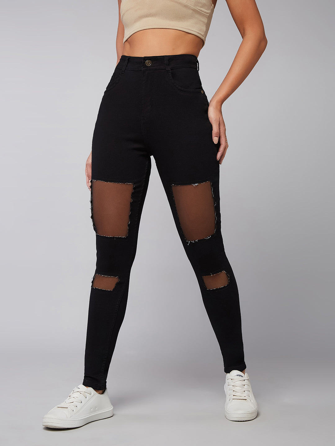 Women's Black Slim-Fit High-Rise Mild Distressed Ripped Detailing Stre