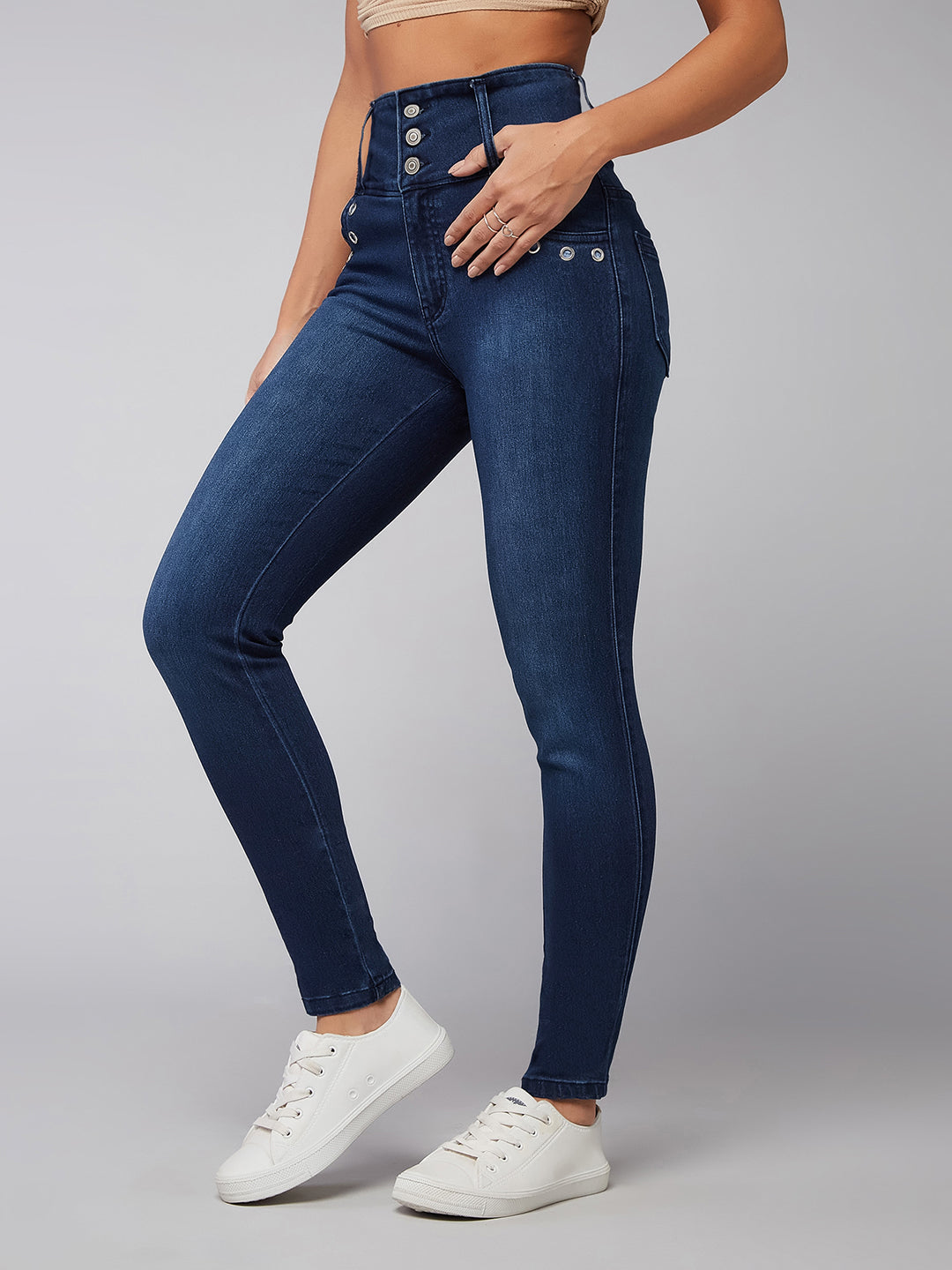 24/7 Comfort Navy Blue Skinny-Fit High-Rise Stretchable Denim Pants
