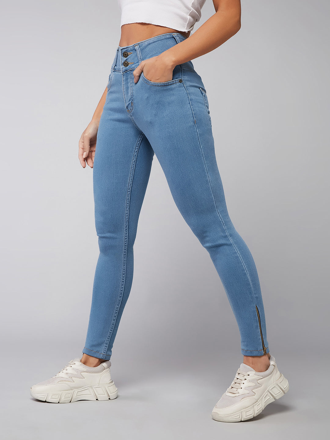 24/7 Comfort Blue Skinny High-Rise Broad Waist Band Zipper Detailing Denim Jeans