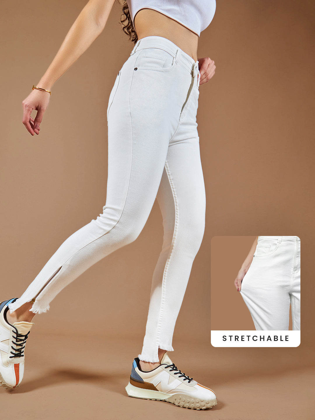CHASEstretch™ White Skinny-Fit High-Rise Side-Slit Raw Edge Detailing Cropped Denim Jeans
