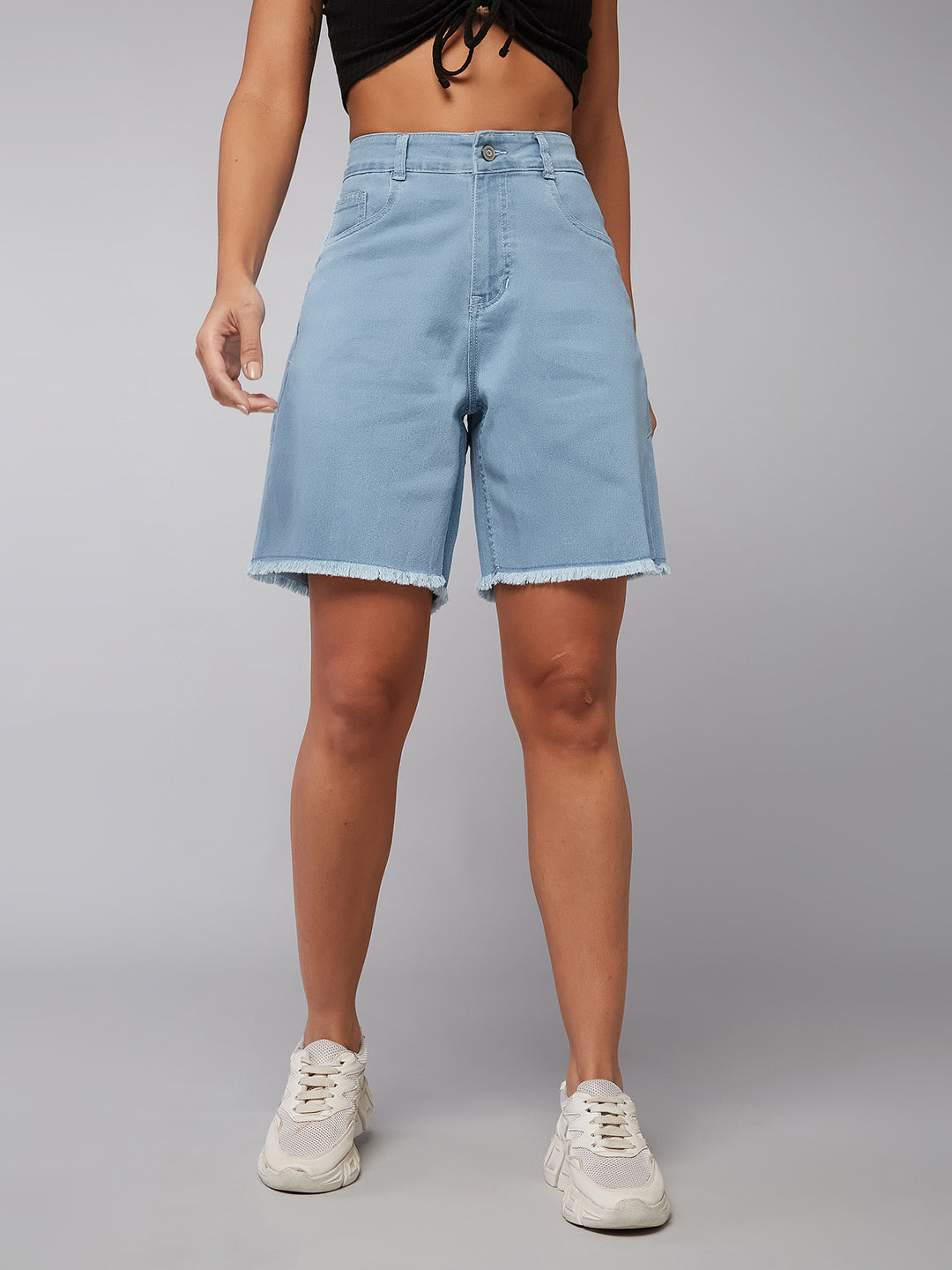 Light-Blue Regular High-Rise Clean-Look Above Knee Stretchable Denim Shorts for Women