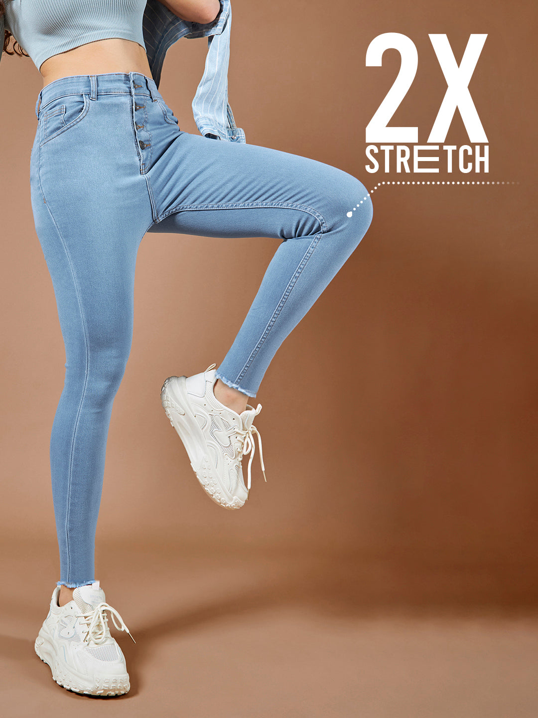 CHASEstretch™ Blue Skinny Solid High-Rise Cropped Fringed Hemline Denim Jeans