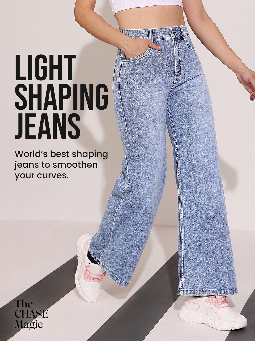CHASEshape™ Women's Light Blue High-Rise Clean-Look Regular-Length Stretchable Denim Wide Leg Shaping Jeans