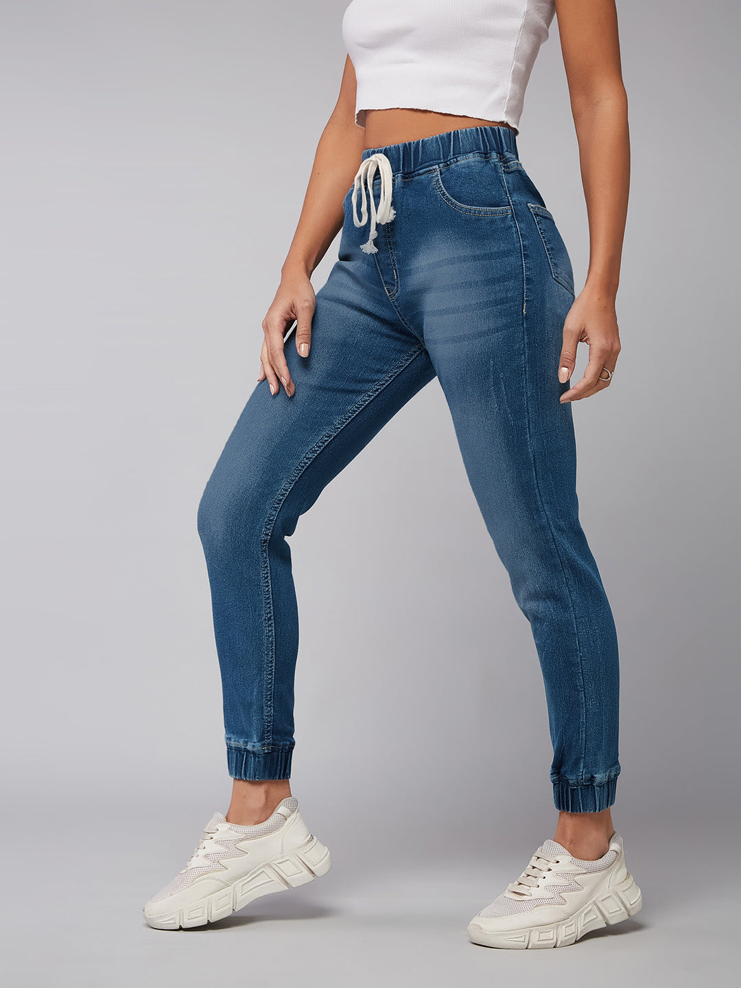24/7 Comfort Navy Blue Relaxed Fit Mid Rise Scraped Denim Stretchable Jogger Pants
