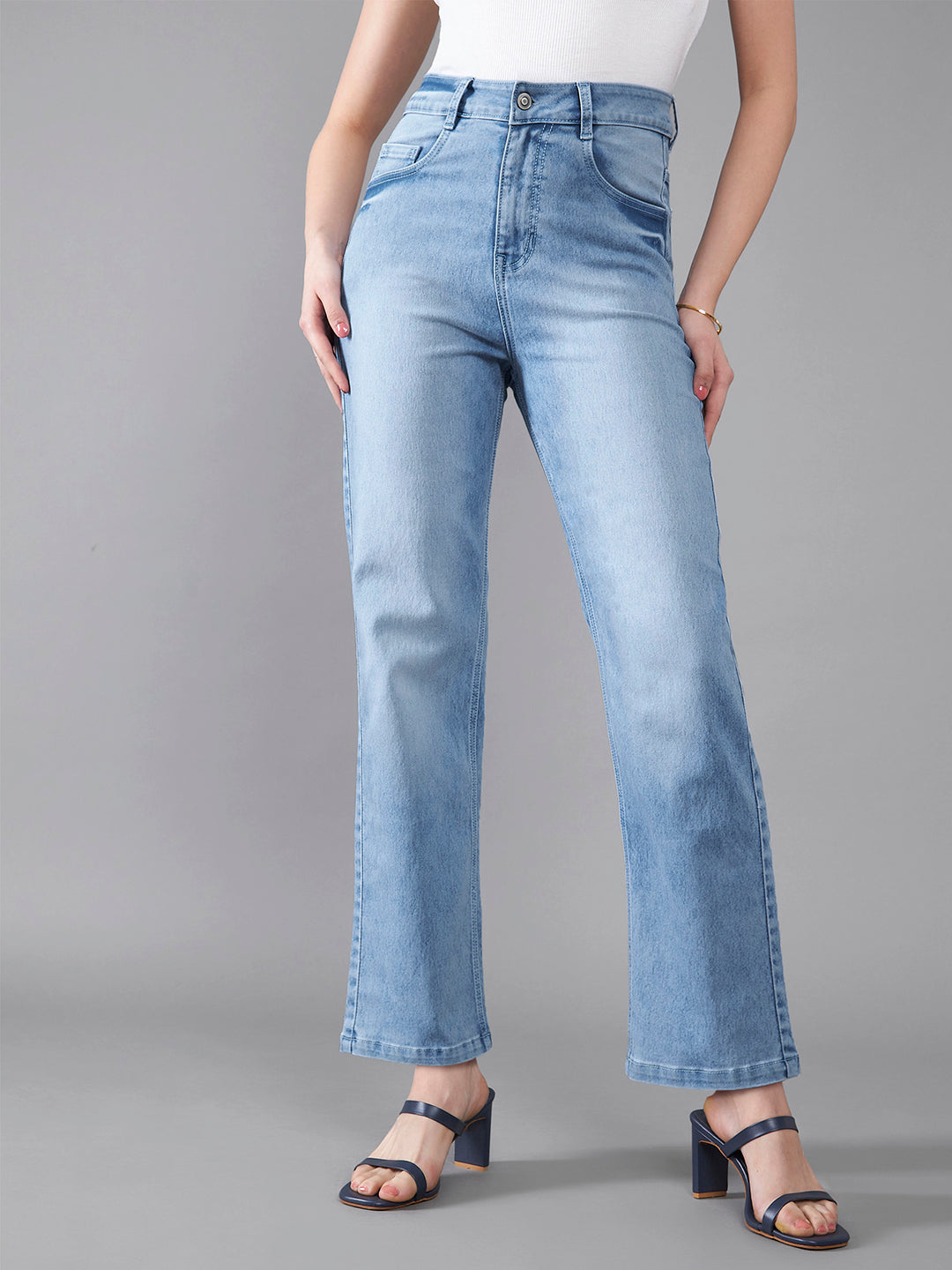 24/7 Comfort Light-Blue Wide-Leg Fit High-Rise Stretchable Denim Jeans for Women