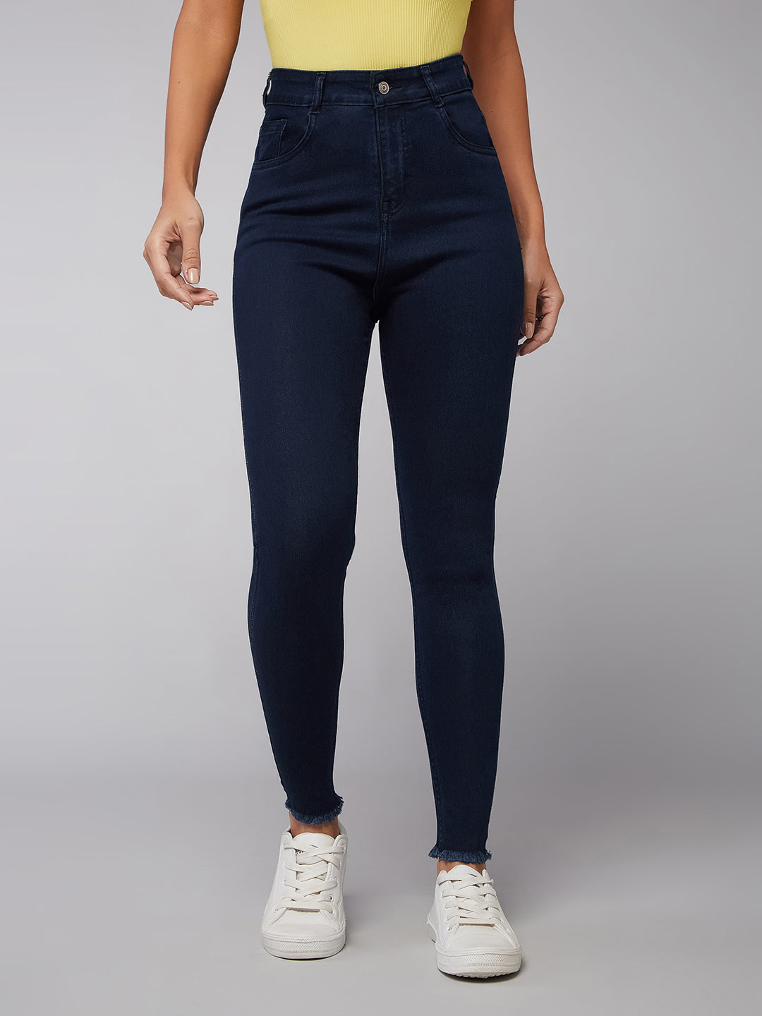 CHASEstretch™ Navy-Blue Skinny High-Rise Solid Fringed Hemline Denim Jeans